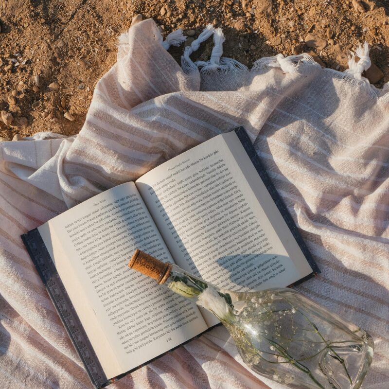 Serene beach scene featuring an open book, glass bottle, and blanket on the sand, perfect for relaxation.